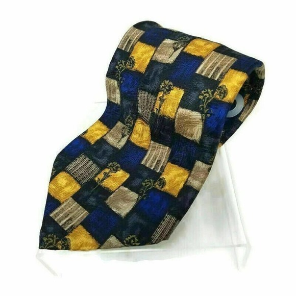 Manzoni Mens Necktie Multicolor Blue Patchwork 100% Silk Classic Tie 59"L - Picture 1 of 7